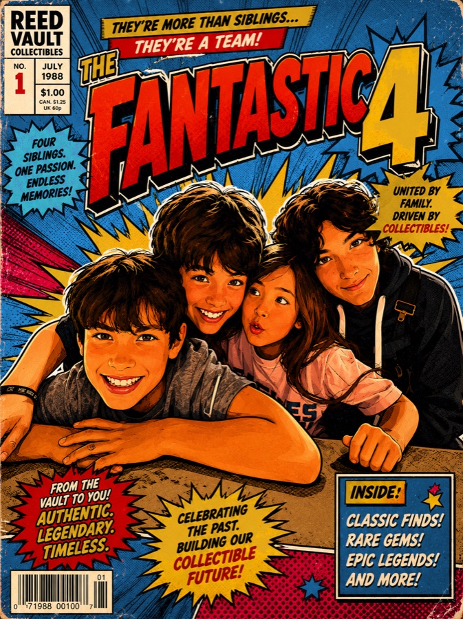 The four Reed siblings, drawn as a comic-book cover